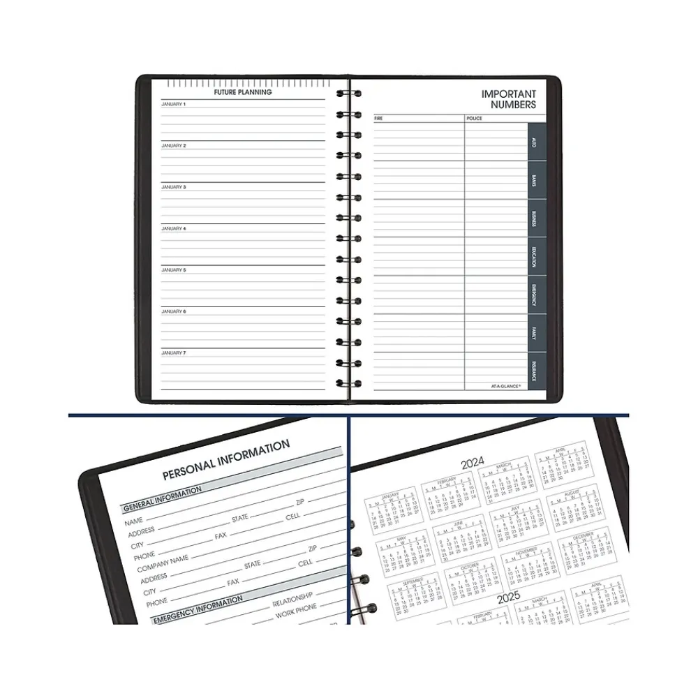2025 Planners|AT-A-GLANCE 2025 5" x 8" Daily Appointment Book Planner, Faux Leather Cover, Black (70-800-05-25)