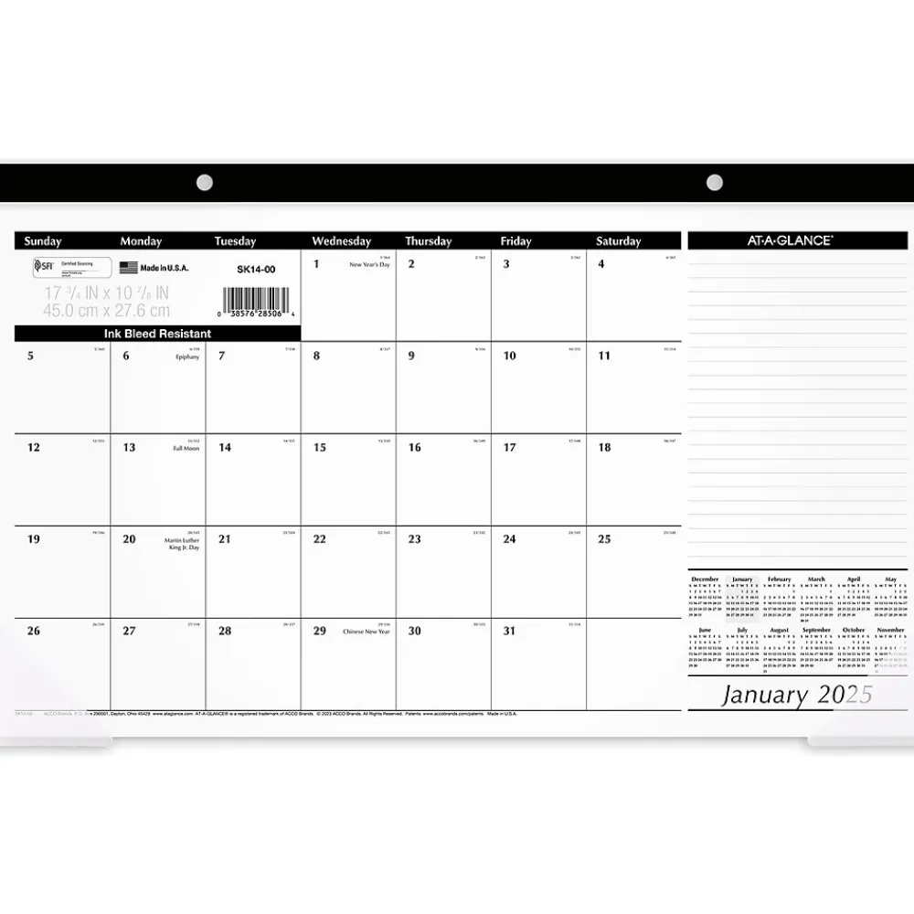 2025 Calendars|AT-A-GLANCE 2025 17.75" x 11" Monthly Desk Pad Calendar, White/Black (SK14-00-25)
