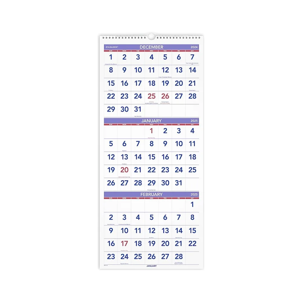 2025 Calendars|AT-A-GLANCE 2025 12" x 27" Three-Month Wall Calendar, White/Purple (PM11-28-25)