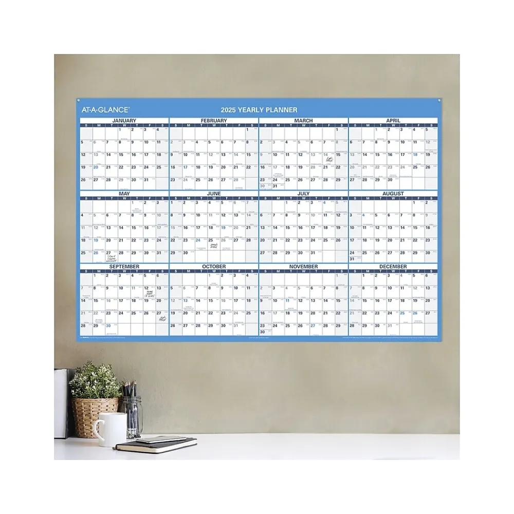 2025 Calendars|AT-A-GLANCE 2025 48" x 32" Yearly Dry Erase Wall Calendar, Reversible, White/Blue (PM300-28-25)