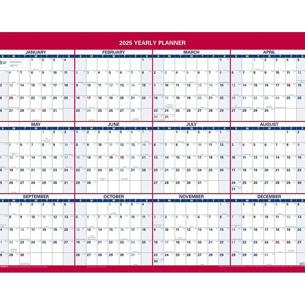 2025 Calendars|AT-A-GLANCE 2025 16" x 12" Yearly Wet-Erase Wall Calendar, Reversible, White/Red (PM330B-28-25)