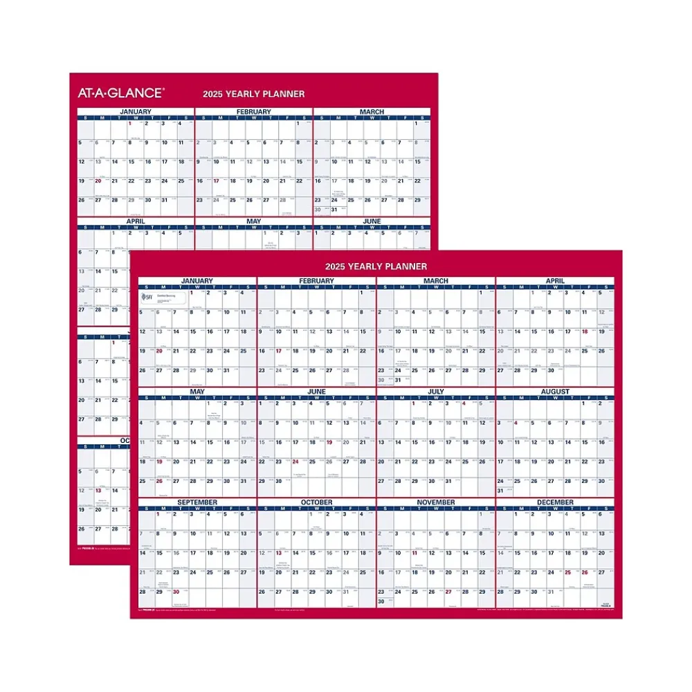 2025 Calendars|AT-A-GLANCE 2025 16" x 12" Yearly Wet-Erase Wall Calendar, Reversible, White/Red (PM330B-28-25)