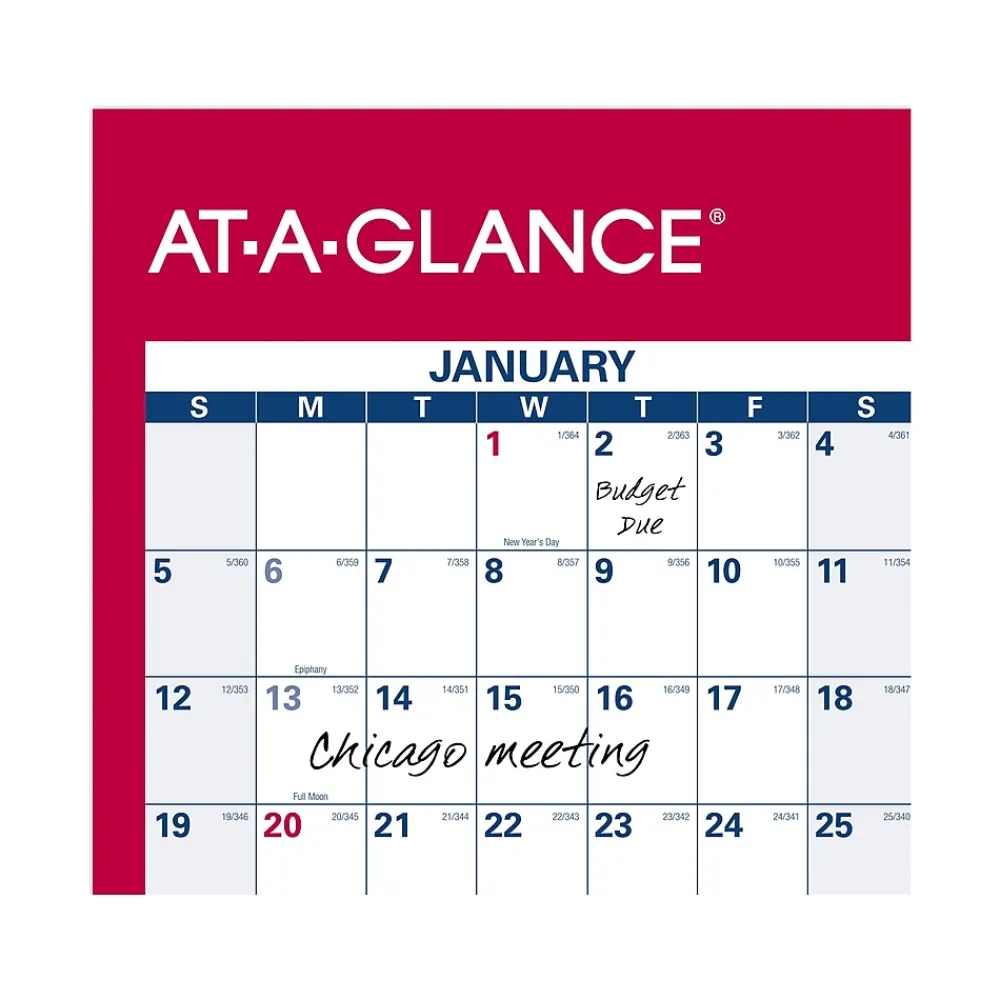2025 Calendars|AT-A-GLANCE 2025 16" x 12" Yearly Wet-Erase Wall Calendar, Reversible, White/Red (PM330B-28-25)