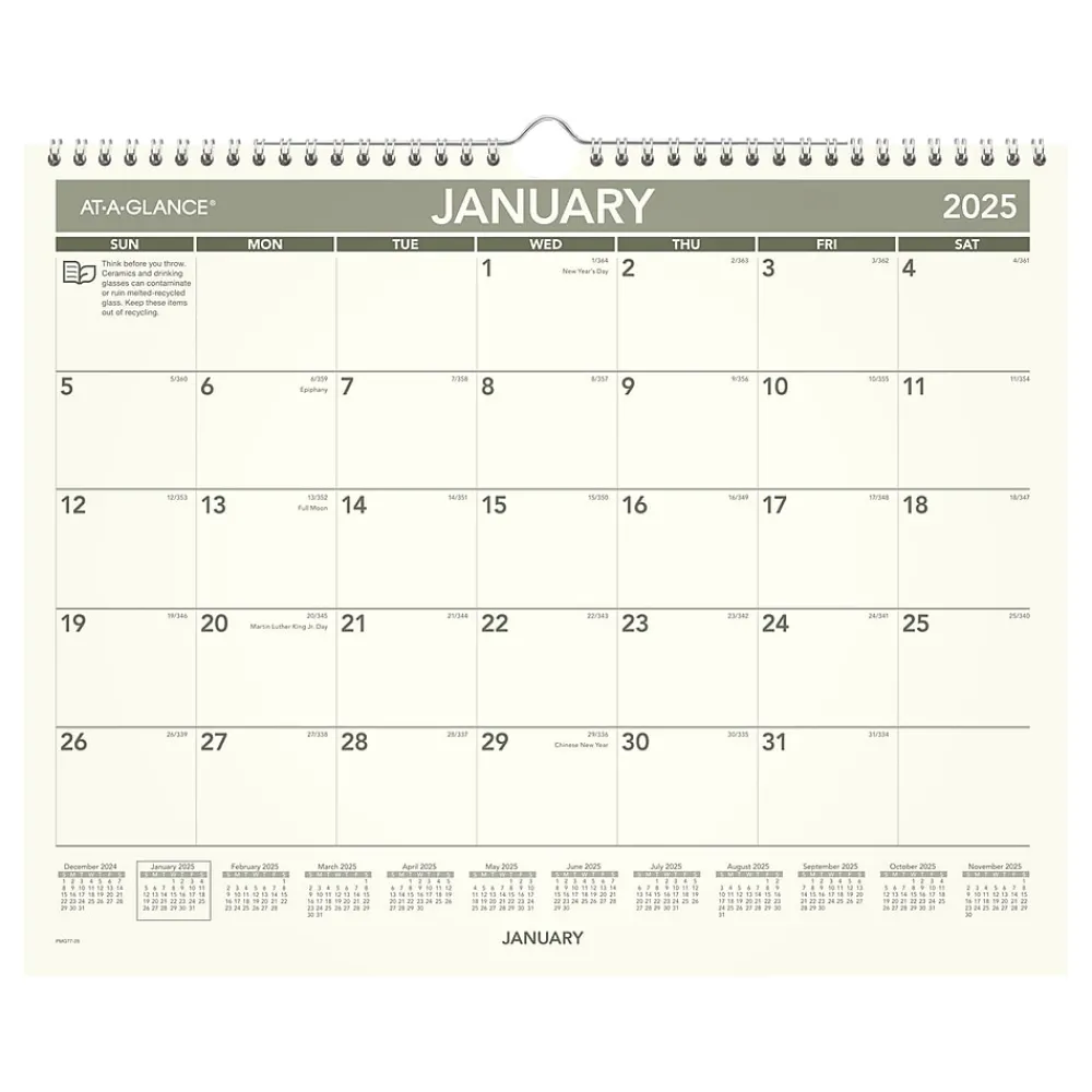2025 Calendars|AT-A-GLANCE 2025 Recycled 15" x 12" Monthly Wall Calendar, Green/Black (PMG77-28-25)
