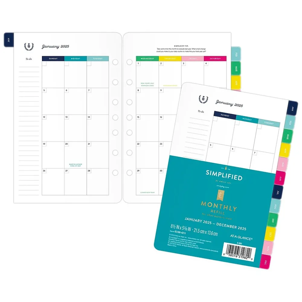 Calendars & Planners Refills|AT-A-GLANCE 2025 Simplified by Emily Ley 8.5" x 5.5" Monthly Planner Refill, Multicolor (EL100-4211-25)