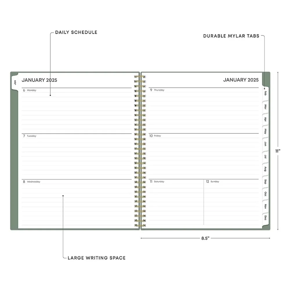 2025 Planners|Blue Sky 2025 8.5" x 11" Weekly & Monthly Planner, Plastic Cover, Linden Green (148236)