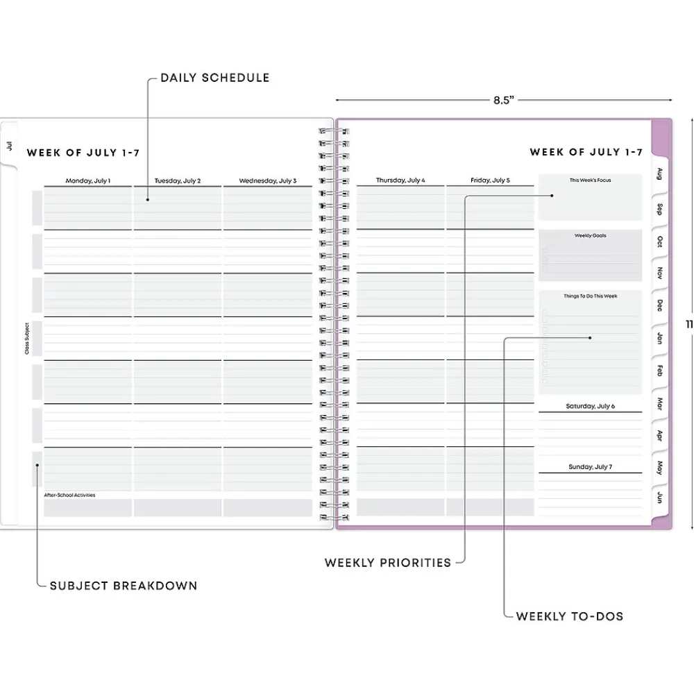Academic Planners|Blue Sky 2024-2025 Amethyst 8.5" x 11" Academic Weekly & Monthly Student Planner, Plastic Cover, Ombre Purple (145014)
