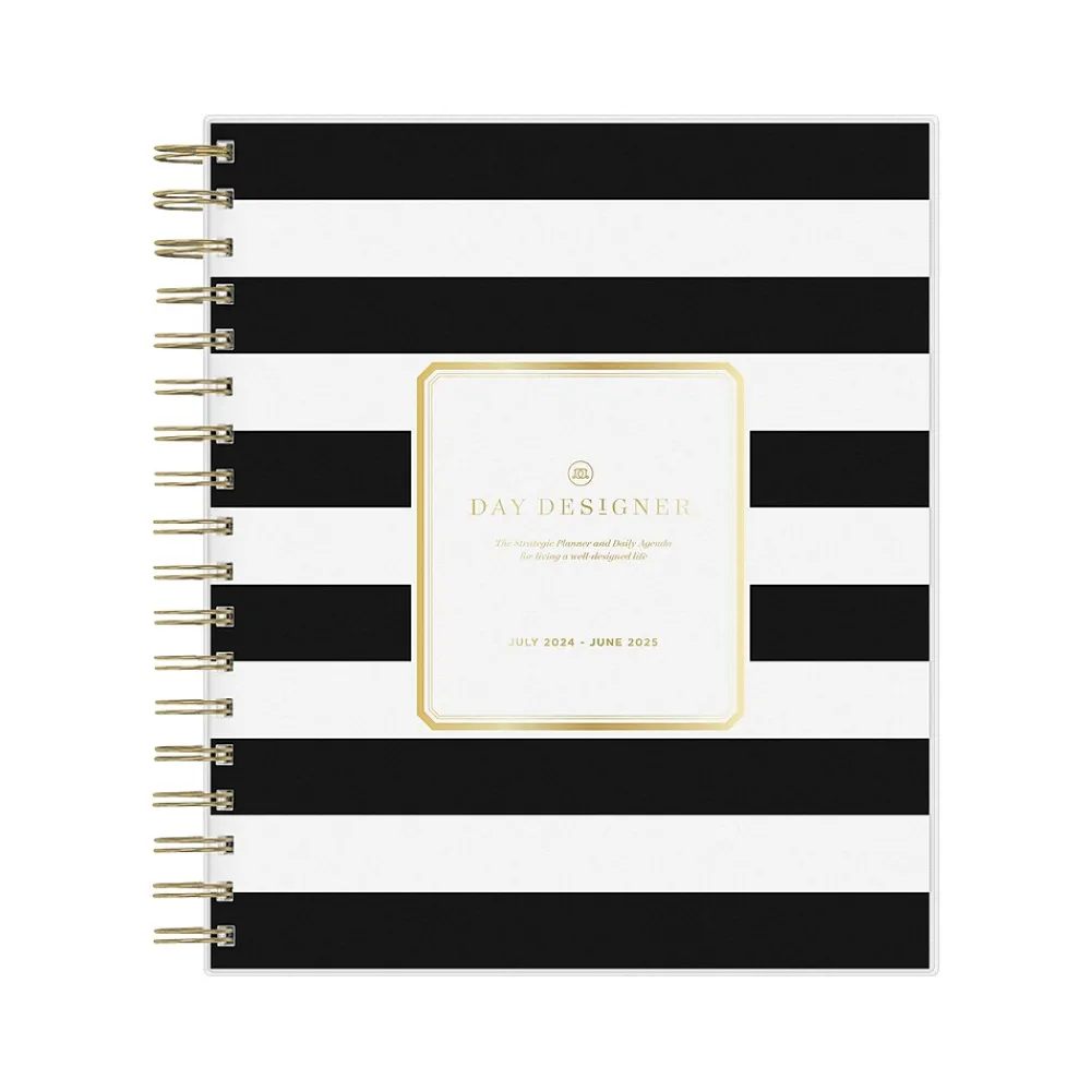 Academic Planners|Blue Sky 2024-2025 Day Designer Rugby Stripe 8" x 10" Academic Daily Planner, Plastic Cover, White/Black (137885-A25)