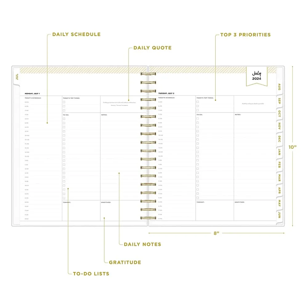 Academic Planners|Blue Sky 2024-2025 Day Designer Rugby Stripe 8" x 10" Academic Daily Planner, Plastic Cover, White/Black (137885-A25)