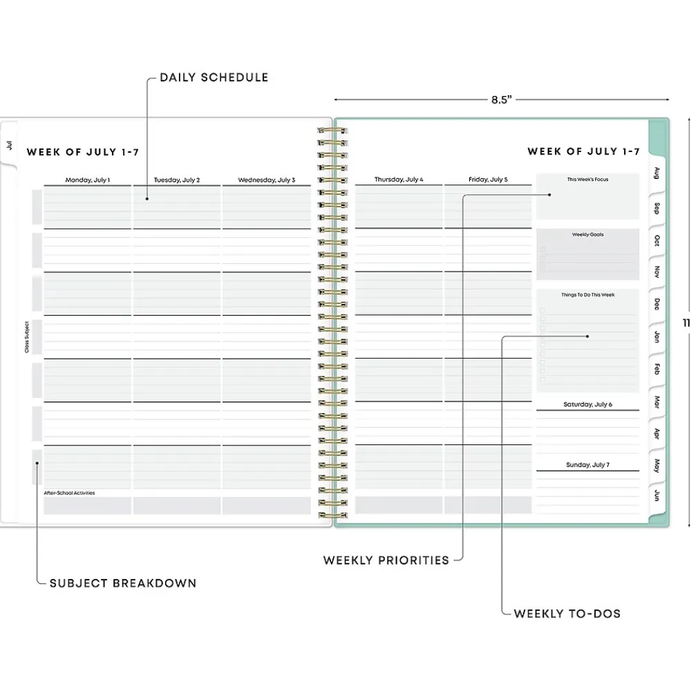 Academic Planners|Blue Sky 2024-2025 Sandra Check 8.5" x 11" Academic Weekly & Monthly Student Planner, Plastic Cover, Mint Green/White