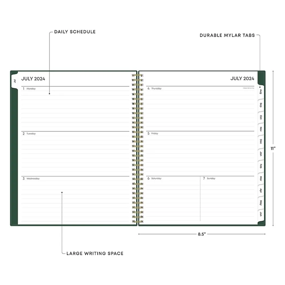 Academic Planners|Blue Sky 2024-2025 Shining Sky 8.5" x 11" Academic Weekly & Monthly Planner, Plastic Cover, Dark Green/Gold (150002)