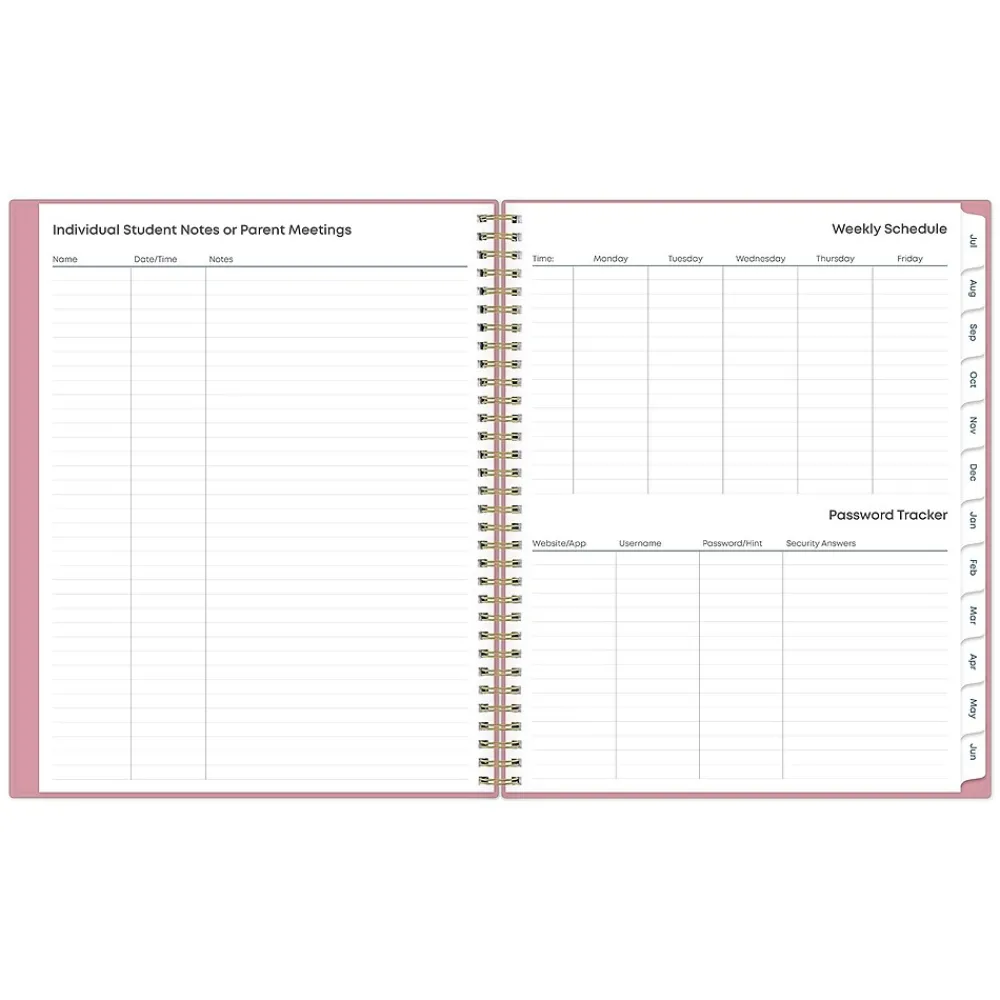 Academic Planners|Blue Sky 2024-2025 Teacher Lesson 8.5" x 11" Academic Weekly & Monthly Planner, Plastic Cover, Pink (145032)
