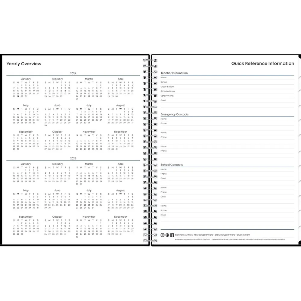 Academic Planners|Blue Sky 2024-2025 Teacher Lesson 8.5" x 11" Academic Weekly & Monthly Planner, Plastic Cover, Black (134433-A25)