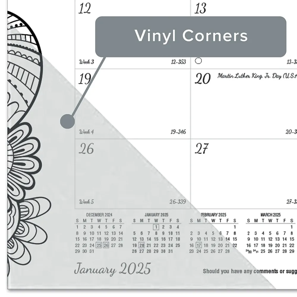 2025 Calendars|Blueline 2025 DoodlePlan Botanica 17.75" x 10.88" Monthly Coloring Desk Pad Calendar, White/Black (C2917001)