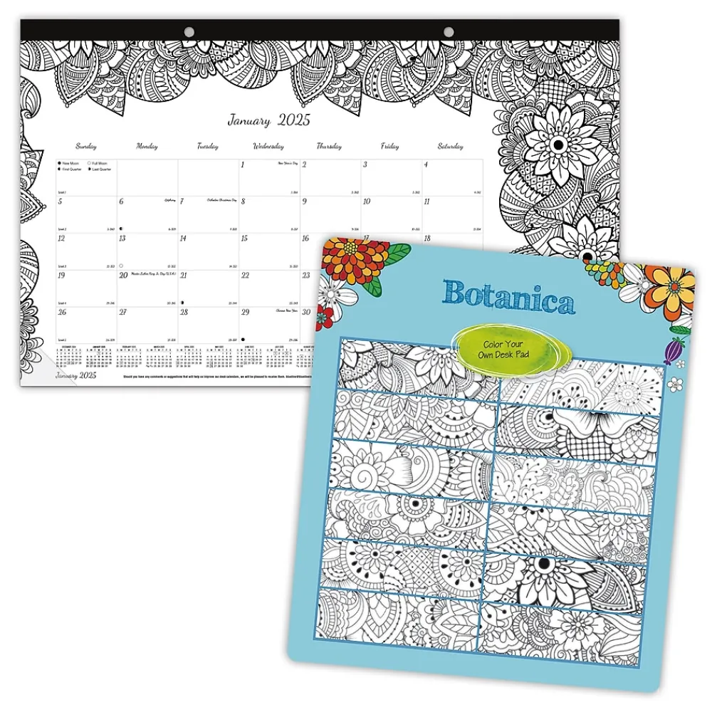 2025 Calendars|Blueline 2025 DoodlePlan Botanica 17.75" x 10.88" Monthly Coloring Desk Pad Calendar, White/Black (C2917001)