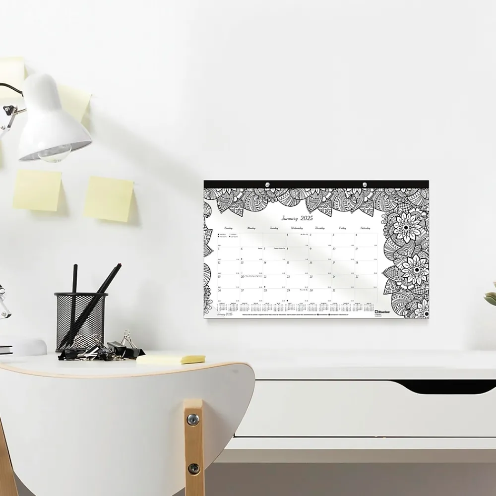2025 Calendars|Blueline 2025 DoodlePlan Botanica 17.75" x 10.88" Monthly Coloring Desk Pad Calendar, White/Black (C2917001)