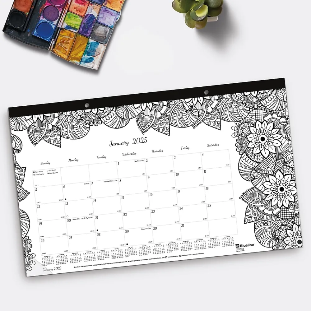 2025 Calendars|Blueline 2025 DoodlePlan Botanica 17.75" x 10.88" Monthly Coloring Desk Pad Calendar, White/Black (C2917001)