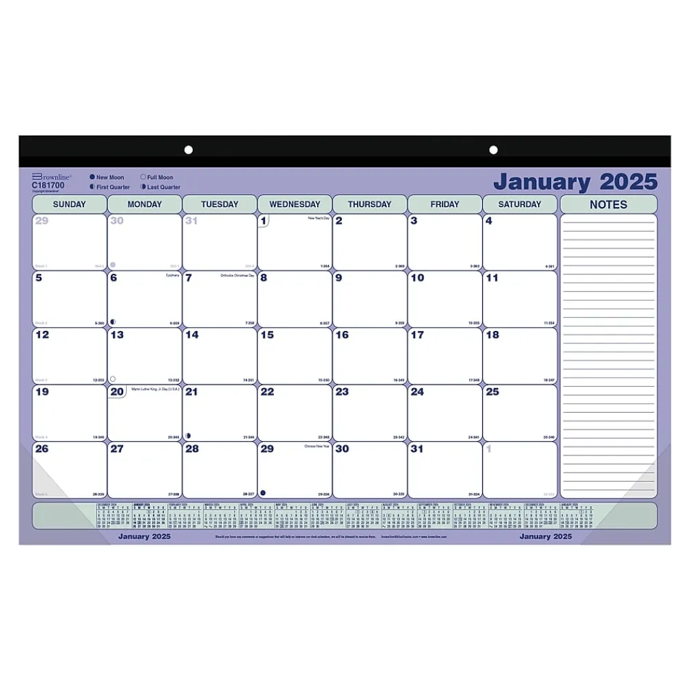 2025 Calendars|Rediform 2025 Brownline 17.75" x 10.87" Monthly Desk Pad Calendar, White/Blue (C181700)