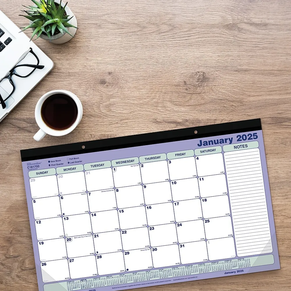 2025 Calendars|Rediform 2025 Brownline 17.75" x 10.87" Monthly Desk Pad Calendar, White/Blue (C181700)