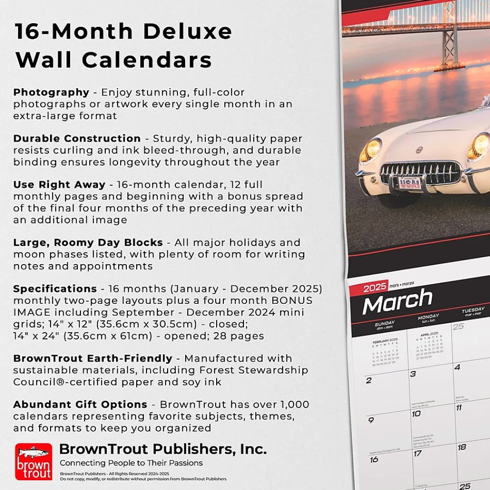 2025 Calendars|BrownTrout 2025 Corvette 14" x 24" Monthly Deluxe Wall Calendar, (9781975479411)