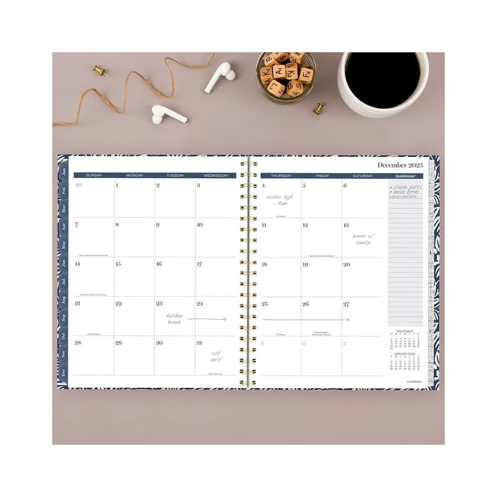 2025 Planners|Cambridge 2025 Blockprint 8.5" x 11" Weekly & Monthly Planner, Cotton Cover, Blue/White (1724-905-25)