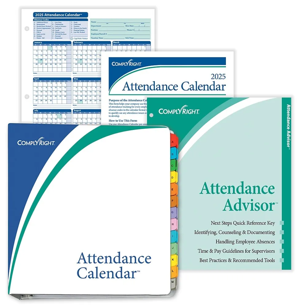 2025 Calendars|ComplyRight 2025 Attendance Tracker 36" x 24" Yearly Dry Erase Wall Calendar, Blue/White (A0101)