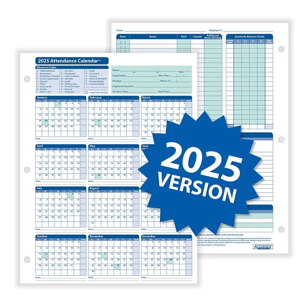 2025 Calendars|ComplyRight 2025 Attendance Tracker 36" x 24" Yearly Dry Erase Wall Calendar, Blue/White (A0101)
