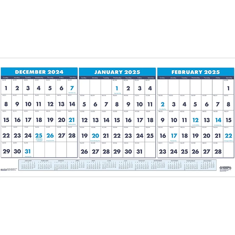 2025 Calendars|House of Doolittle 2025 17" x 8" Three-Month Wall Calendar, White/Blue (3647-25)