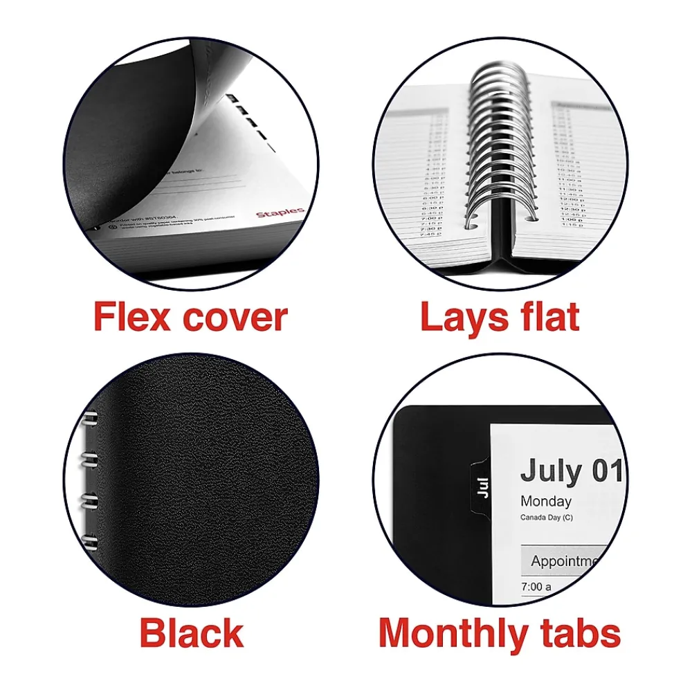 Academic Planners|Staples 2024-2025 5" x 8" Academic Daily Appointment Book, Faux Leather Cover, Black (ST60364-23)