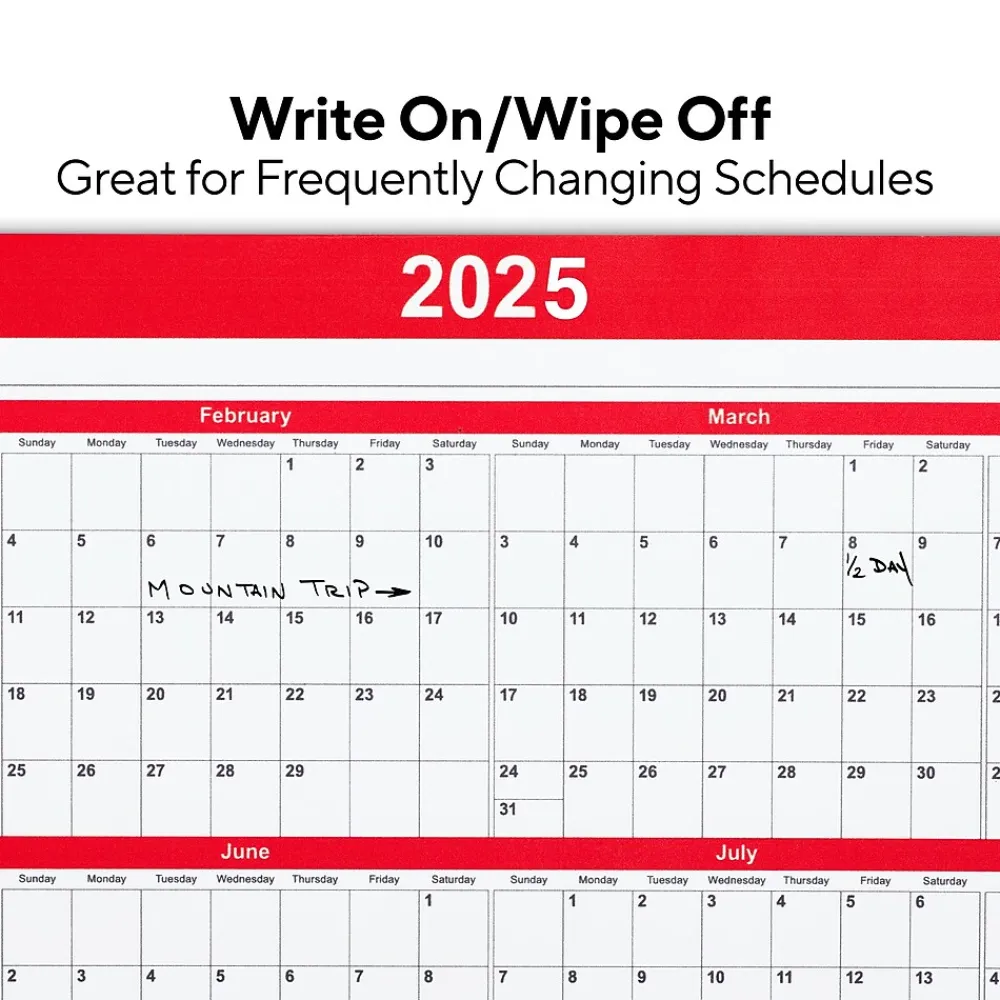 2025 Calendars|Staples 2025 15.69" x 12" Dry Erase Wall Calendar, Red/White (ST53905-25)