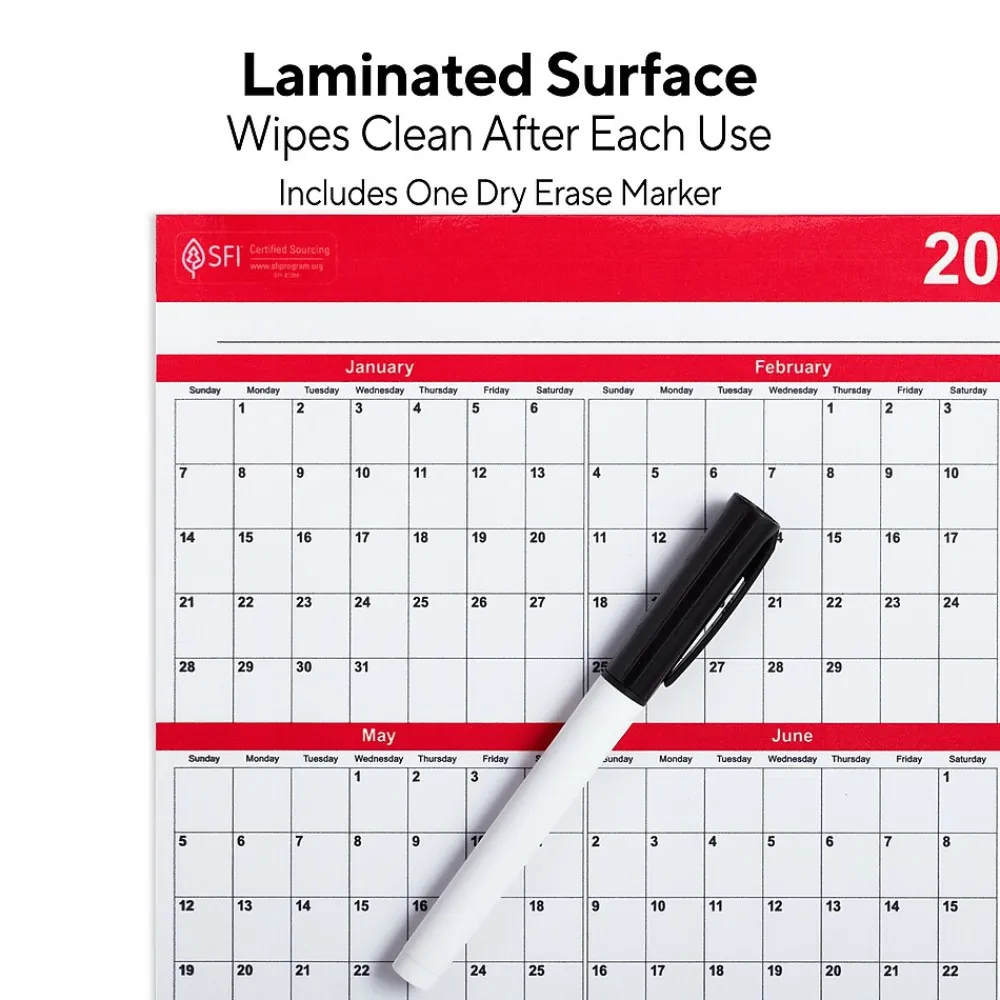 2025 Calendars|Staples 2025 15.69" x 12" Dry Erase Wall Calendar, Red/White (ST53905-25)