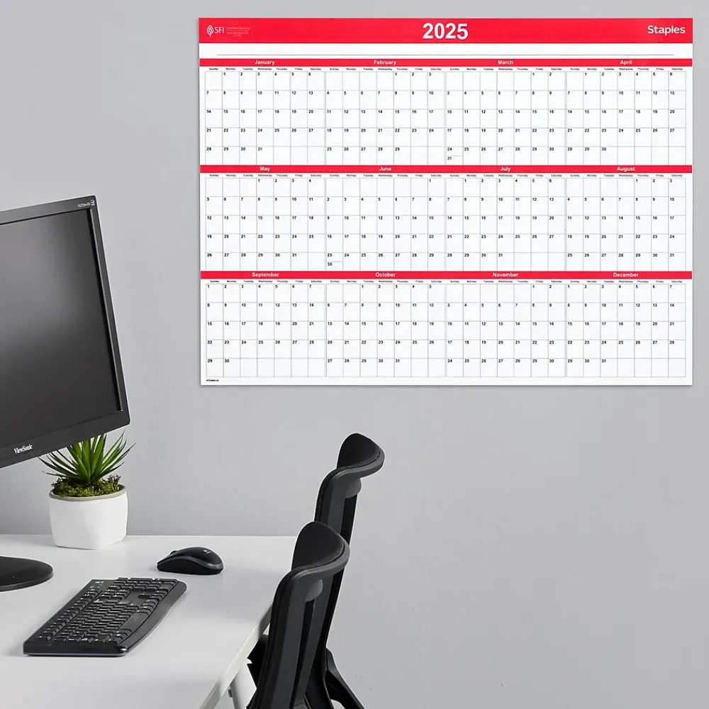 2025 Calendars|Staples 2025 15.69" x 12" Dry Erase Wall Calendar, Red/White (ST53905-25)