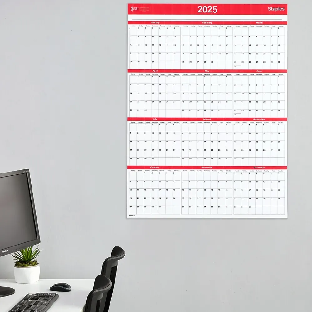 2025 Calendars|Staples 2025 15.69" x 12" Dry Erase Wall Calendar, Red/White (ST53905-25)