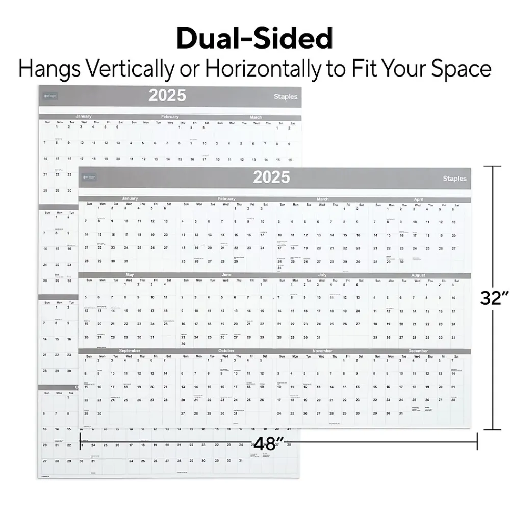2025 Calendars|Staples 2025 48" x 32" Dry Erase Wall Calendar, Gray/White (ST58450-25)