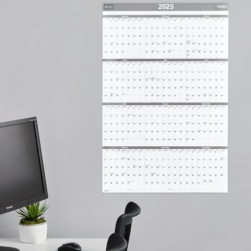 2025 Calendars|Staples 2025 36" x 24" Dry Erase Wall Calendar, Gray/White (ST52079-25)