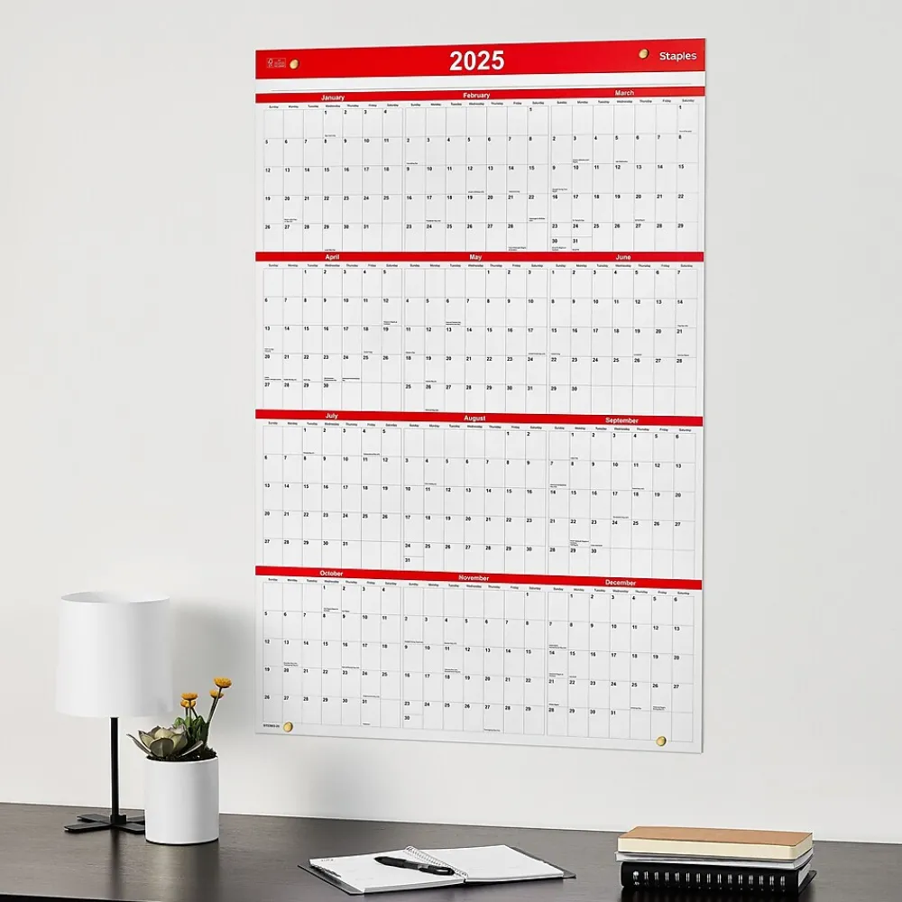 2025 Calendars|Staples 2025 36" x 24" Wall Calendar, Red (ST53903-25)