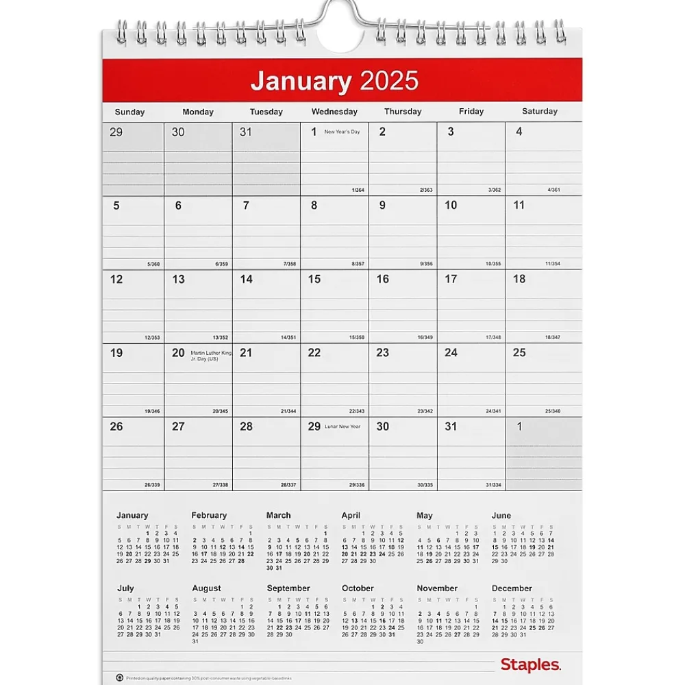 2025 Calendars|Staples 2025 8" x 11" Wall Calendar, Red/White (ST53922-25)