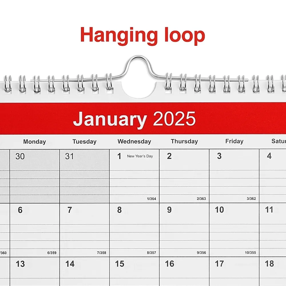 2025 Calendars|Staples 2025 8" x 11" Wall Calendar, Red/White (ST53922-25)