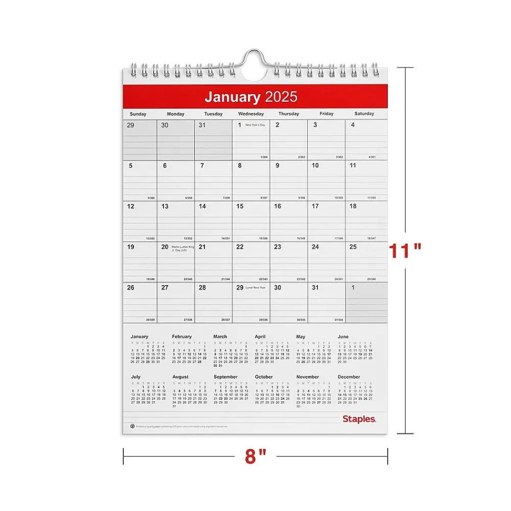 2025 Calendars|Staples 2025 8" x 11" Wall Calendar, Red/White (ST53922-25)
