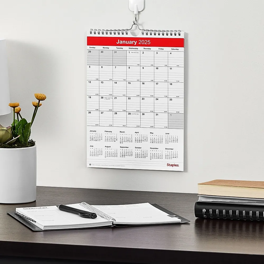 2025 Calendars|Staples 2025 8" x 11" Wall Calendar, Red/White (ST53922-25)