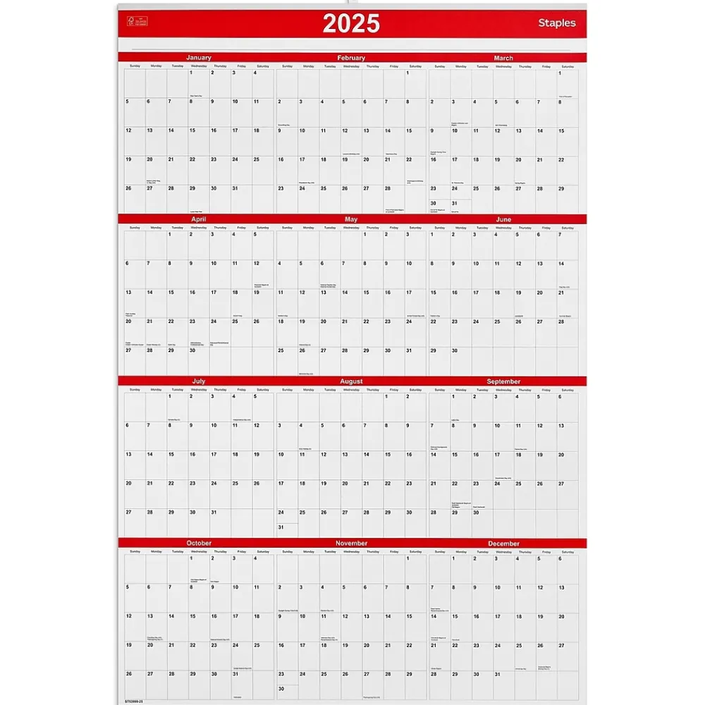 2025 Calendars|Staples 2025 24" x 36" Wall Calendar, Red/Black/White (ST53999-25)
