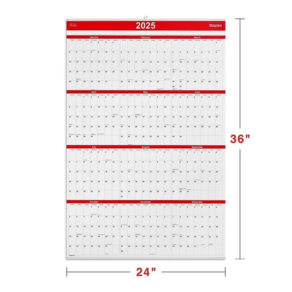 2025 Calendars|Staples 2025 24" x 36" Wall Calendar, Red/Black/White (ST53999-25)