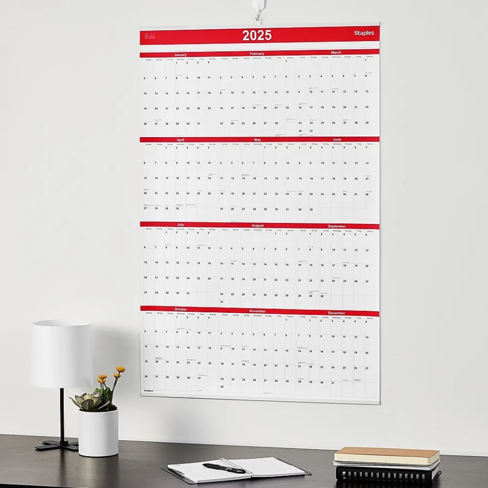 2025 Calendars|Staples 2025 24" x 36" Wall Calendar, Red/Black/White (ST53999-25)