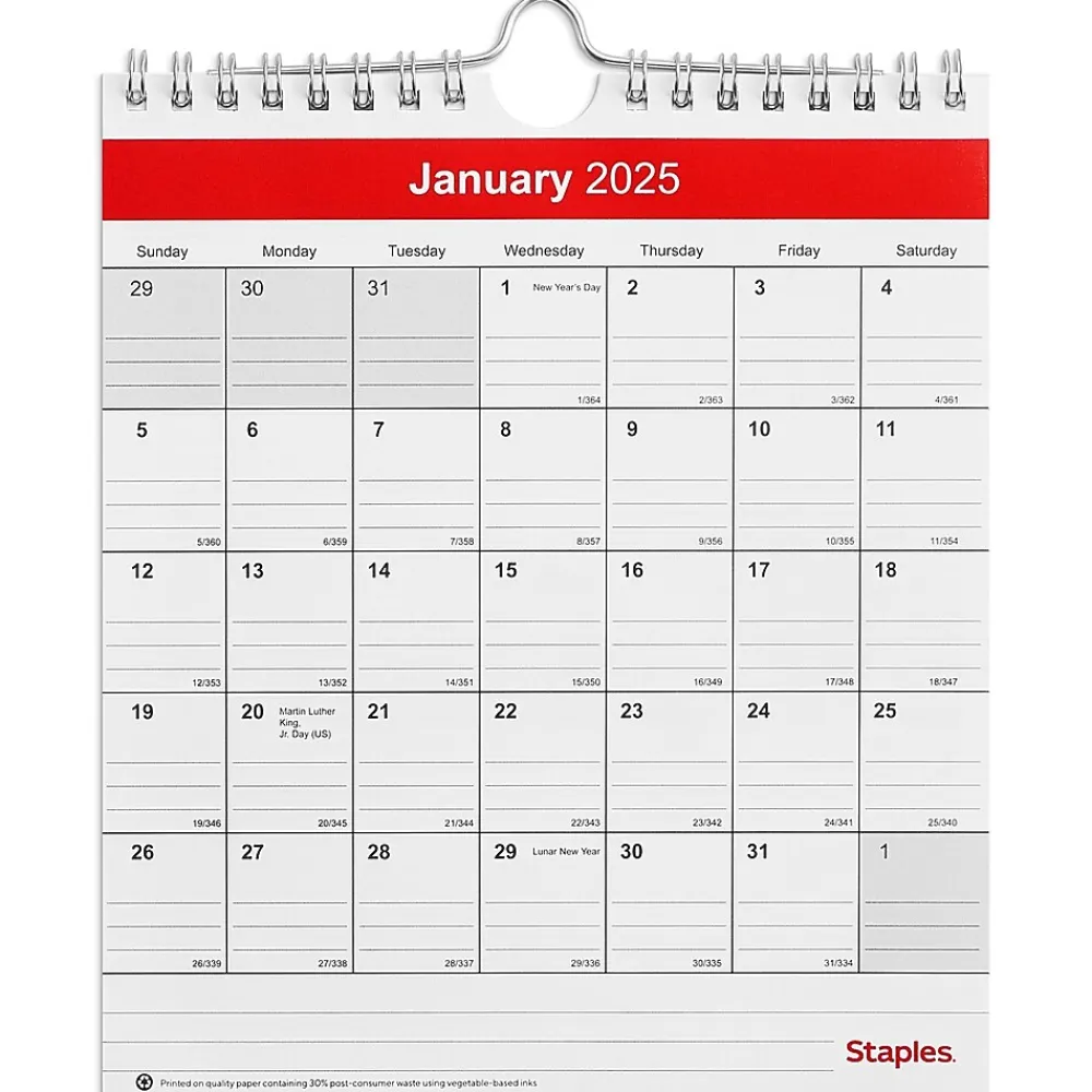 2025 Calendars|Staples 2025 6" x 7" Wall Calendar, Red/White (ST53923-25)