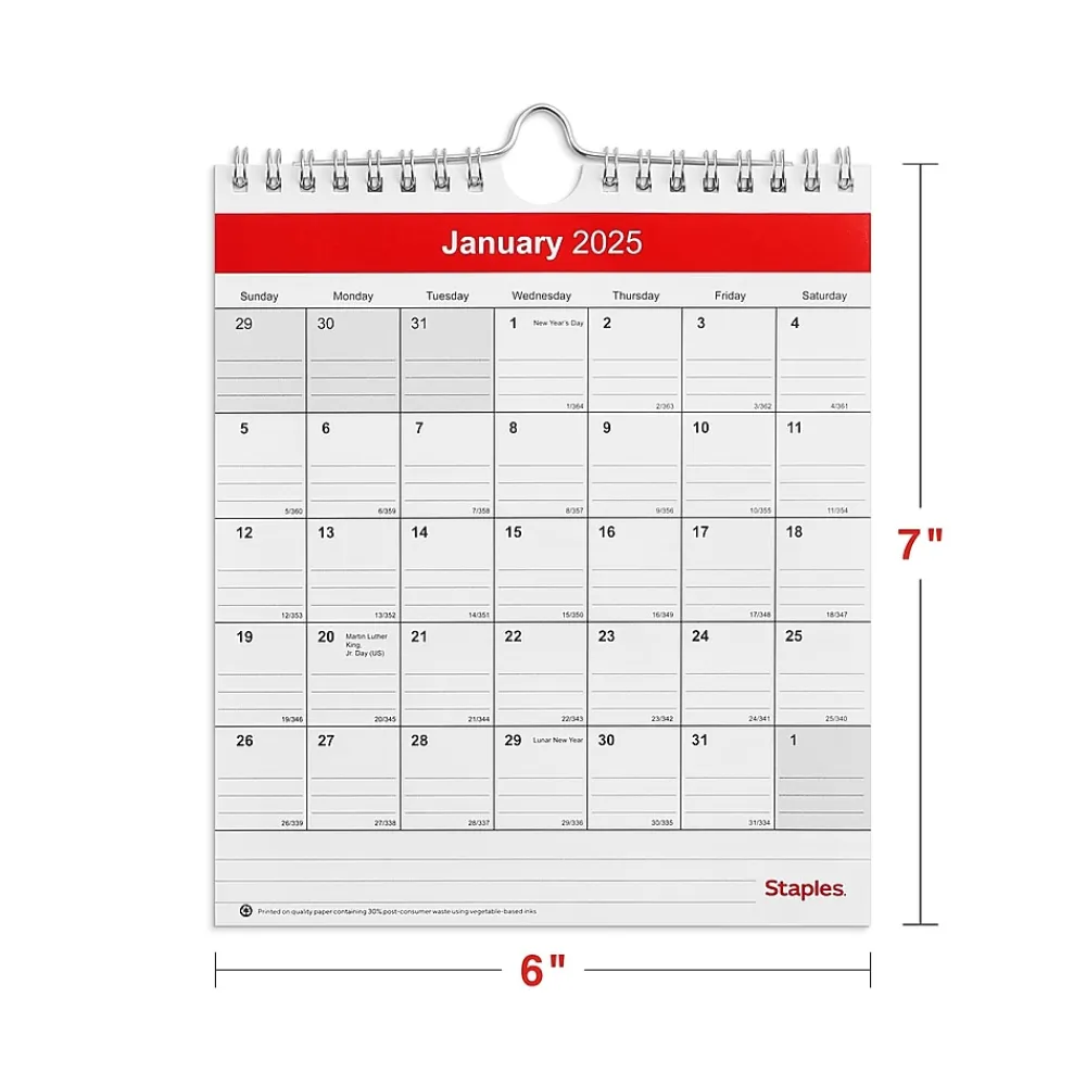 2025 Calendars|Staples 2025 6" x 7" Wall Calendar, Red/White (ST53923-25)