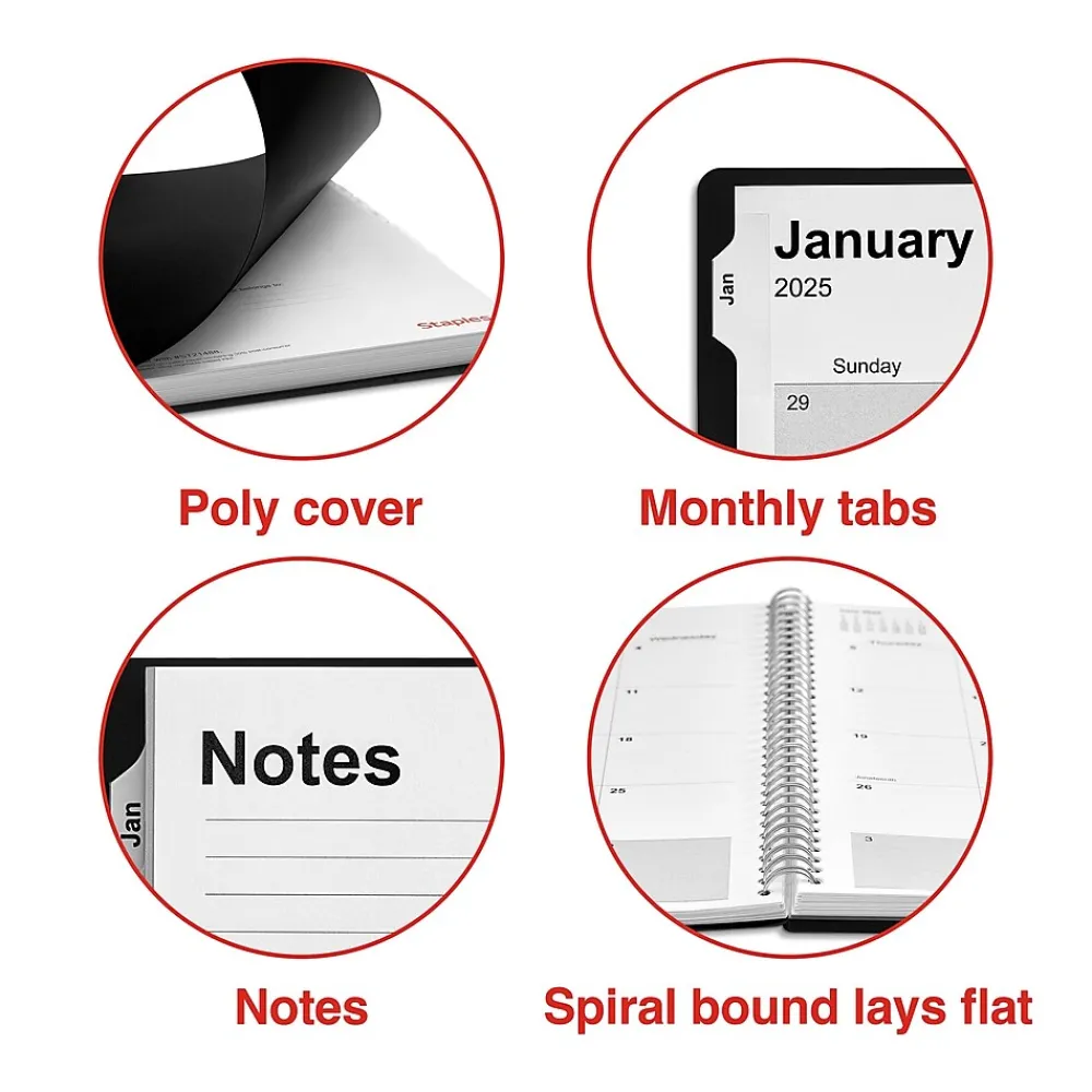 2025 Planners|Staples 2025 8" x 11" Weekly & Monthly Appointment Book, Plastic Cover, Black (ST21488-25)