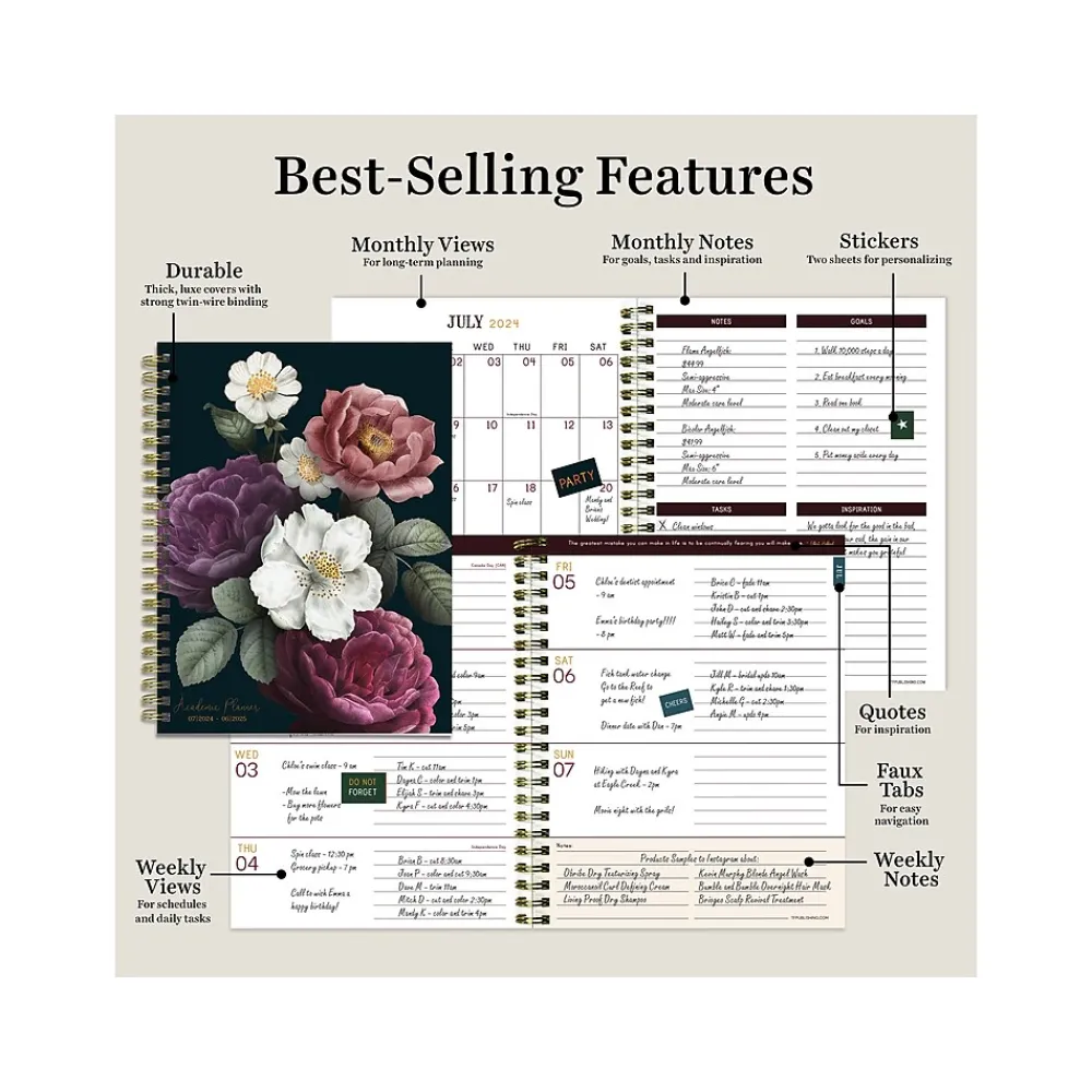 Academic Planners|TF Publishing 2024-2025 Bibliophile Series Peony and Petals 6" x 8" Academic Weekly & Monthly Planner, Paperboard Cover