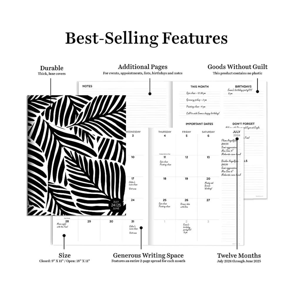 Academic Planners|TF Publishing 2024-2025 Black Leaves 9" x 11" Academic Monthly Planner, Paperboard Cover, Black/White (AY25-4500)