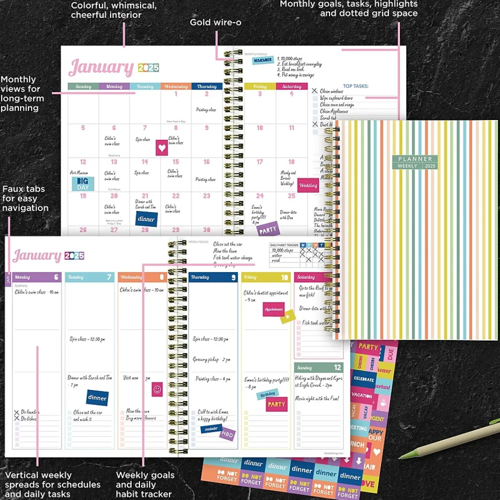2025 Planners|TF Publishing 2025 Malibu Stripes 6.5" x 8" Weekly & Monthly Planner, Paperboard Cover, Multicolor (25-9216)