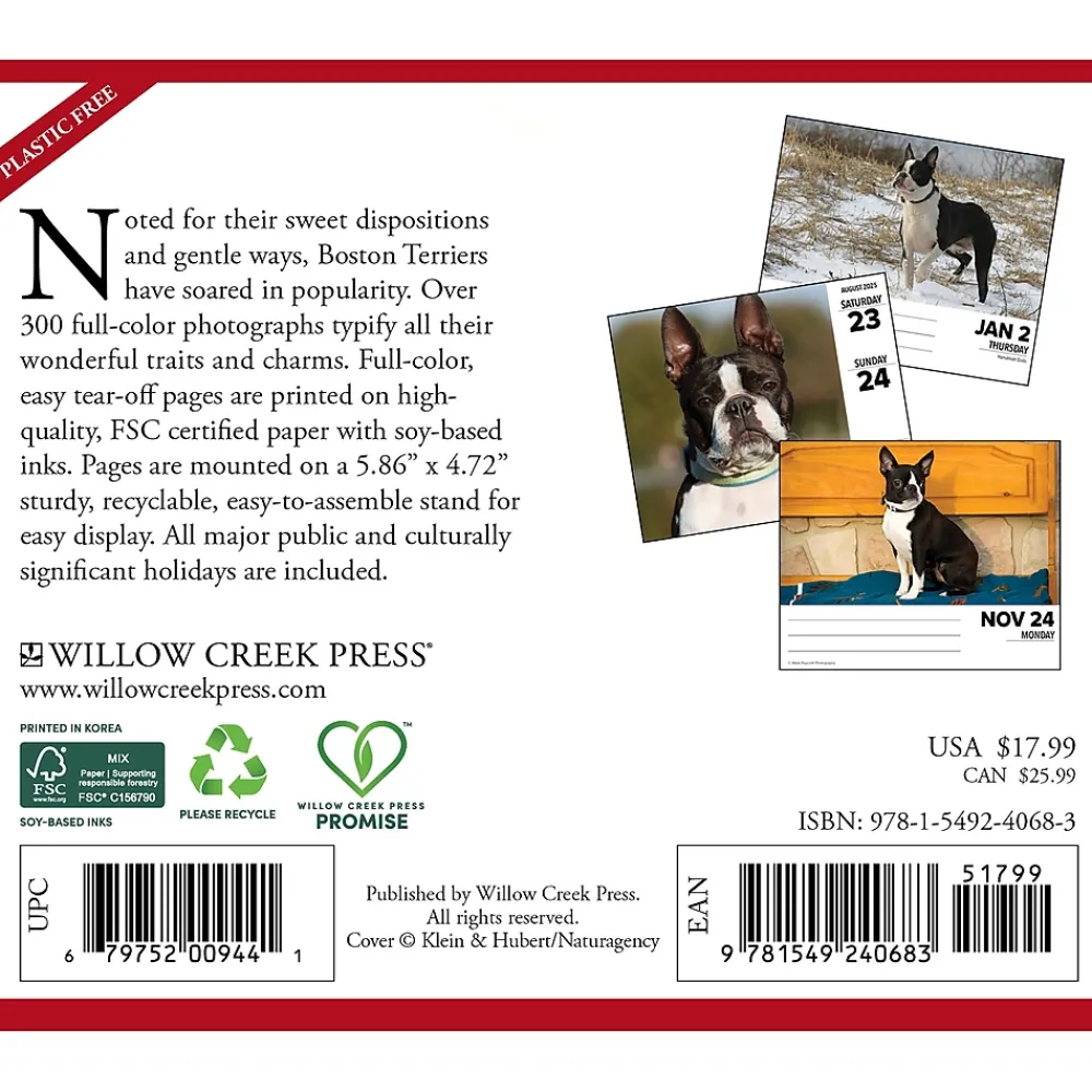 2025 Calendars|Willow Creek 2025 Boston Terriers 6" x 5.5" Day-to-Day Calendar (40683)